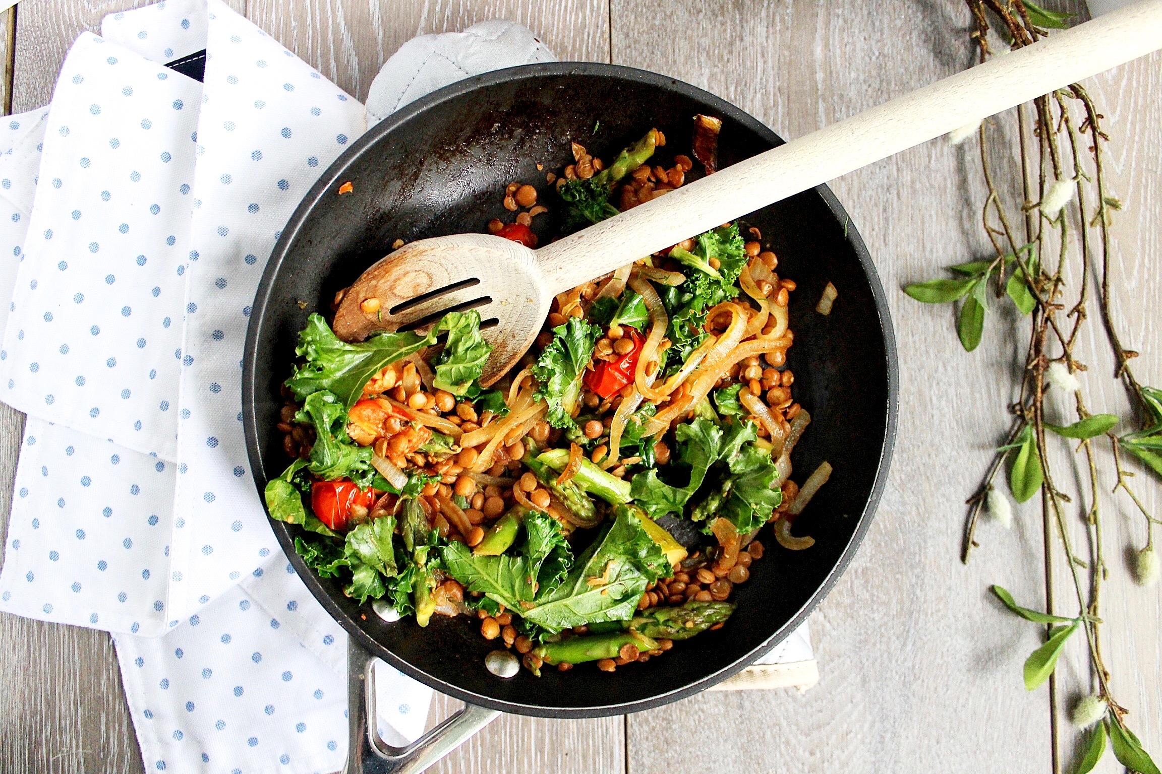 Sea Bass with Lentils, Tomatoes and Asparagus