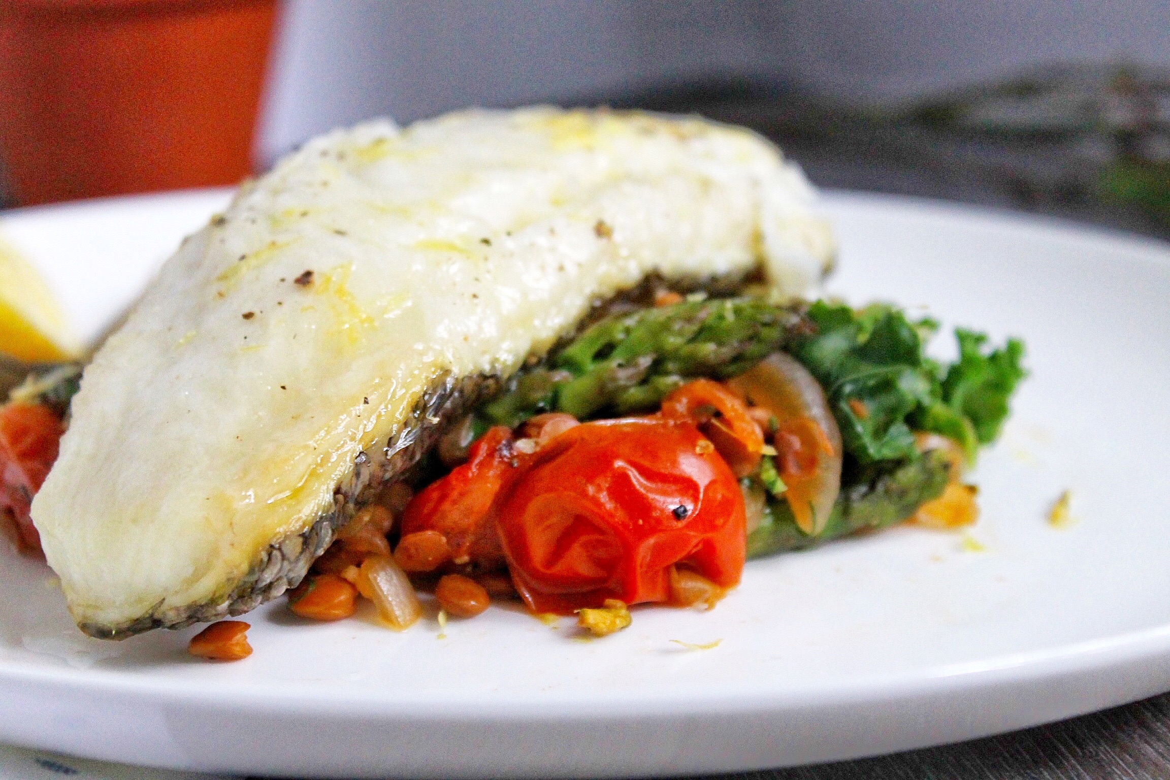 Sea Bass with Lentils, Tomatoes and Asparagus